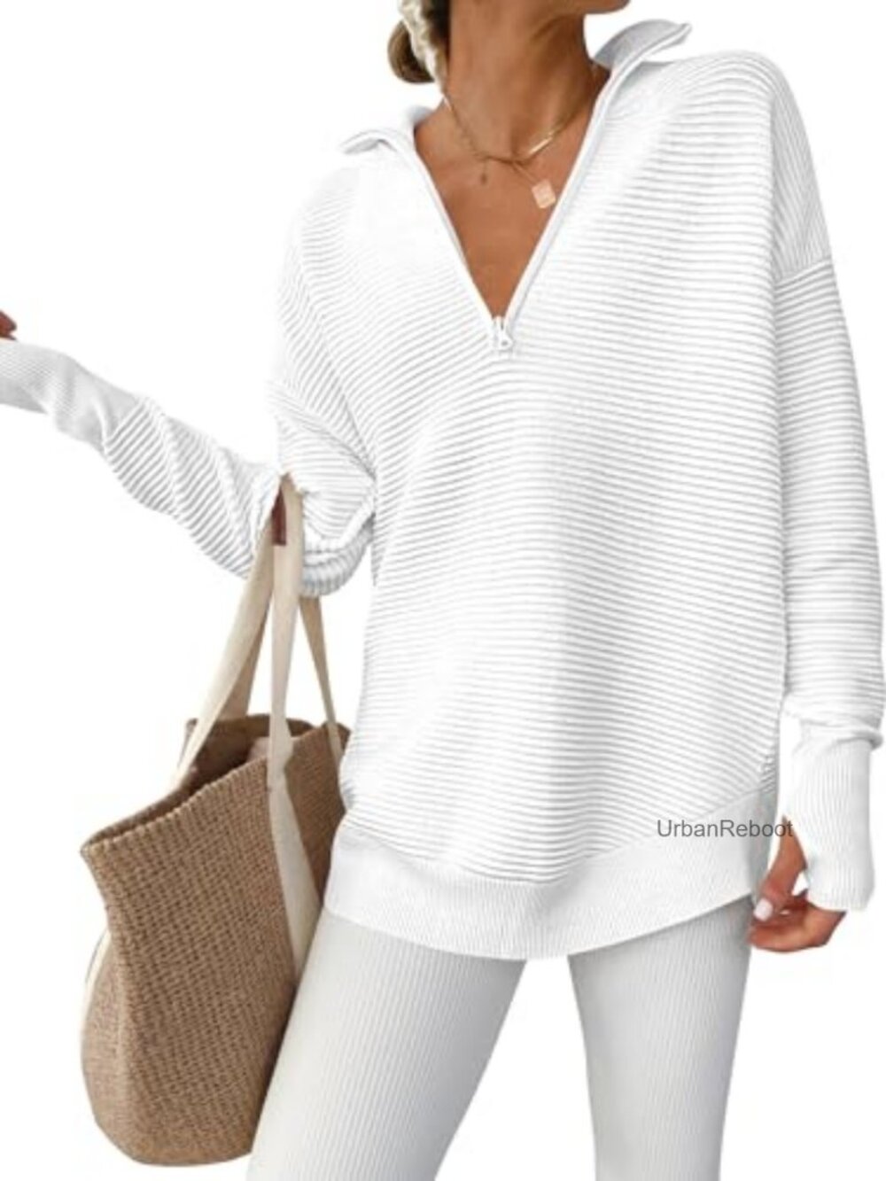 Long Sleeve Quarter Zip Pullover Sweater with Thumb Holes V Neck